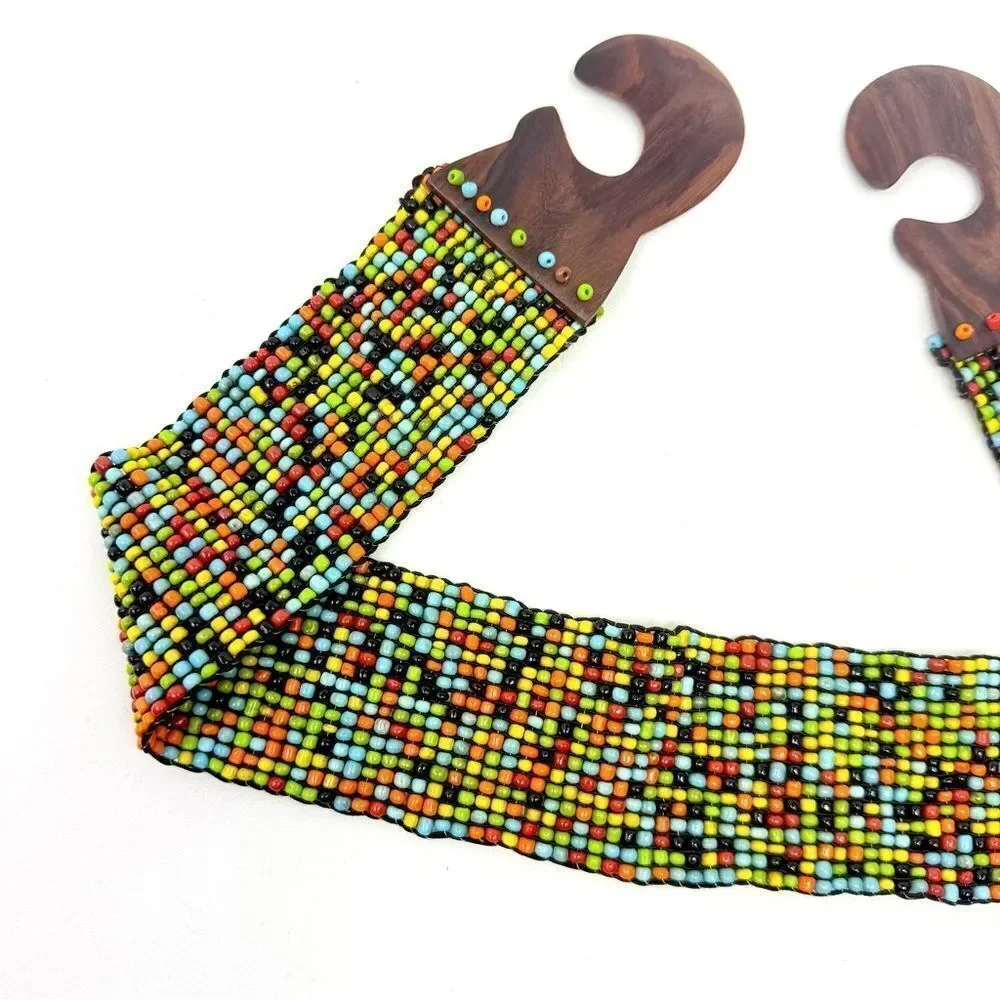 Colorful Seed Bead Wood Clasp Buckle Boho Festival Ethnic Tribal Stretch Belt